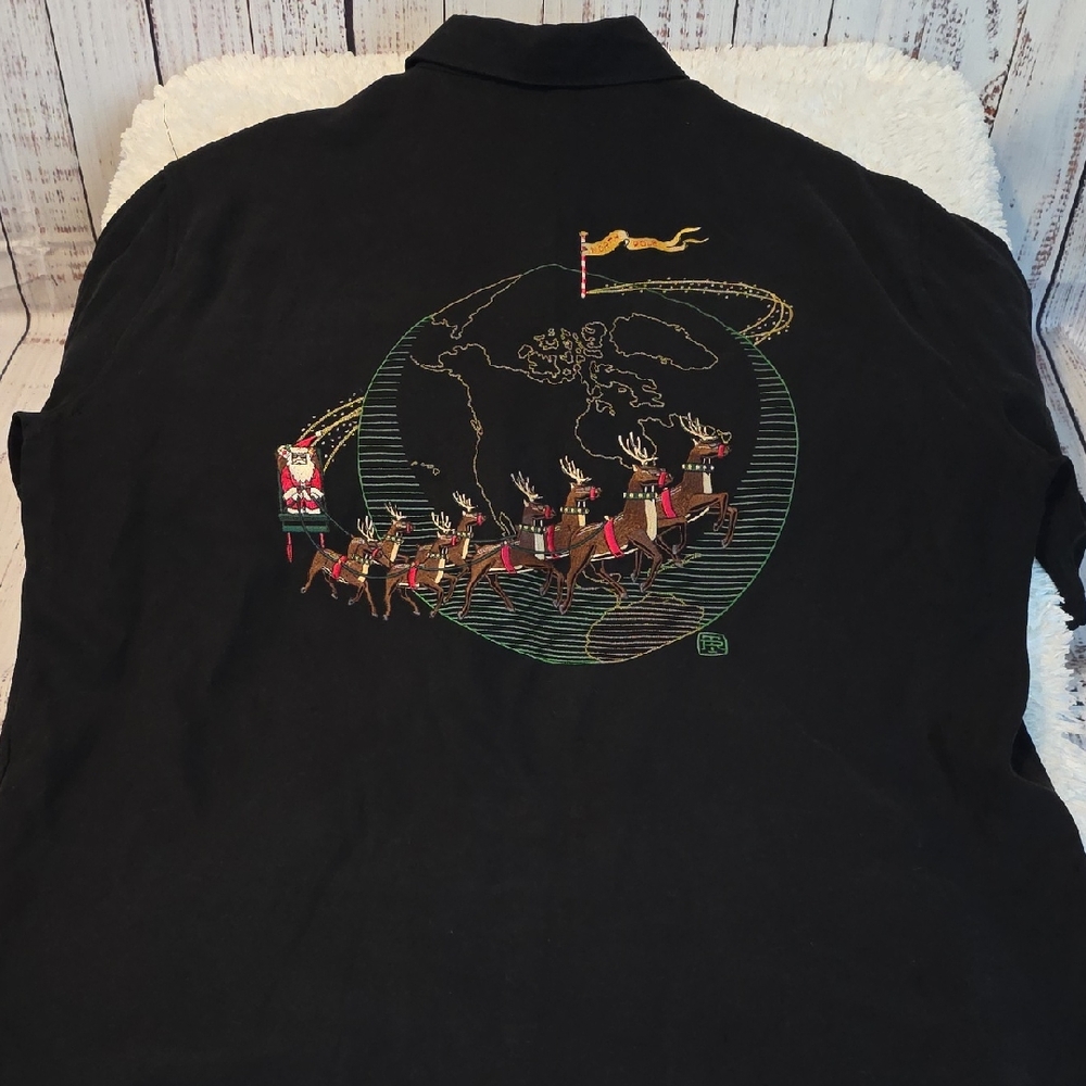 Tori Richard XL Silk Button Up Shirt w/ Embroidered Santa and Reindeer Design